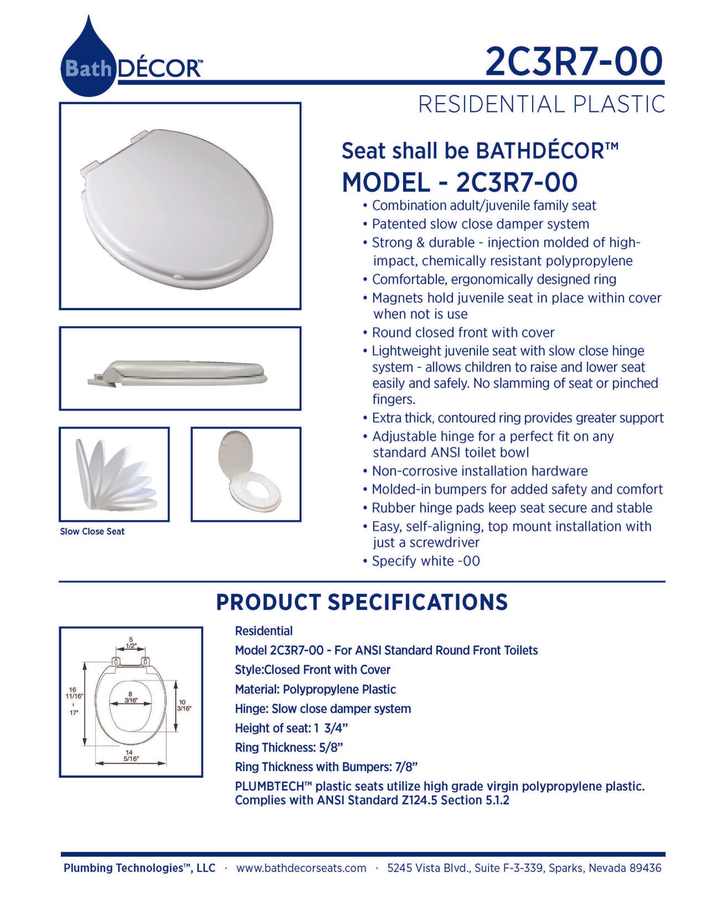 Premium Plastic - Elongated Model 2C3R7-00 Slow Close family Combo Seat top mount with adjustable hinge - Carton contains 3 Seats