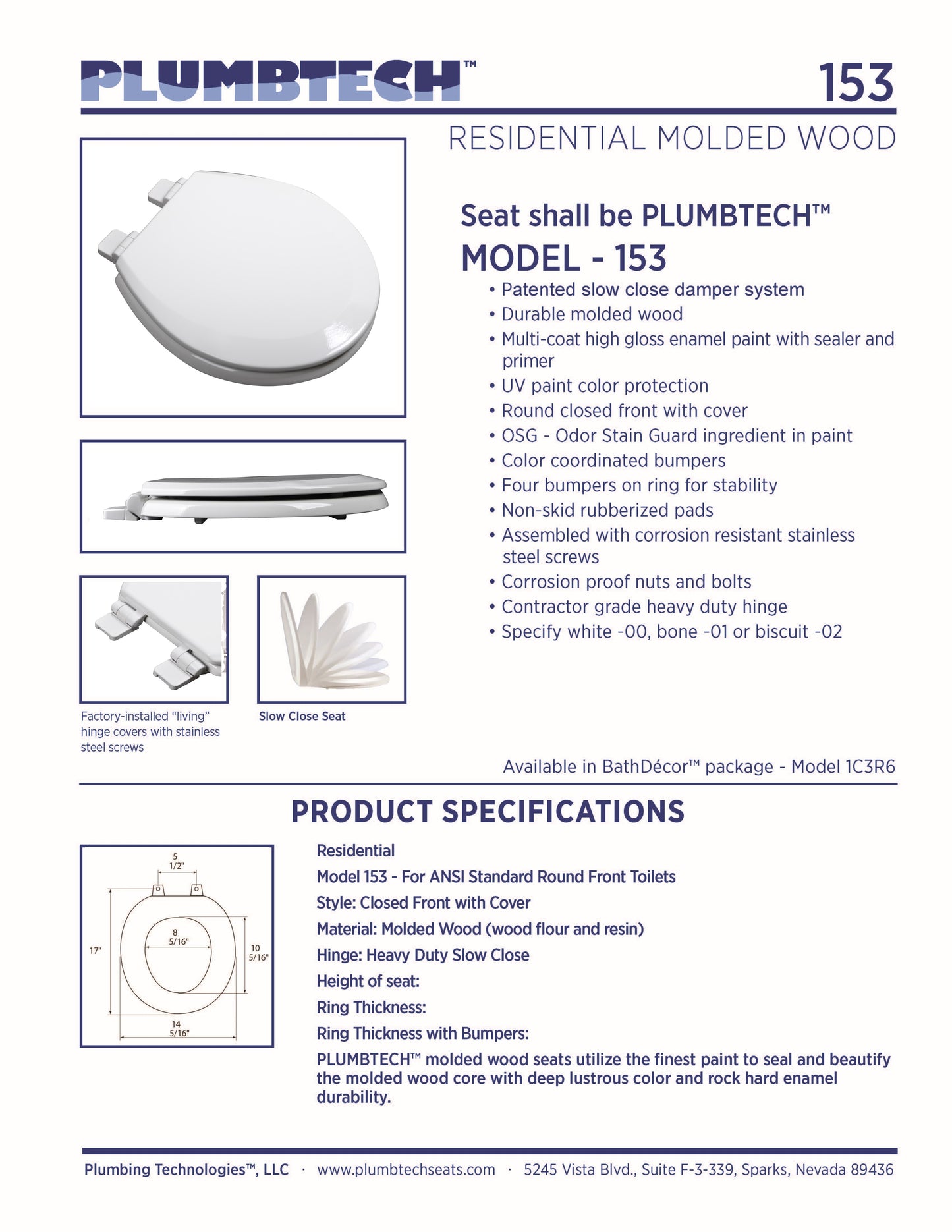 Wood - Round Model 153-00 Residential Slow Close Premium Molded Wood Seat