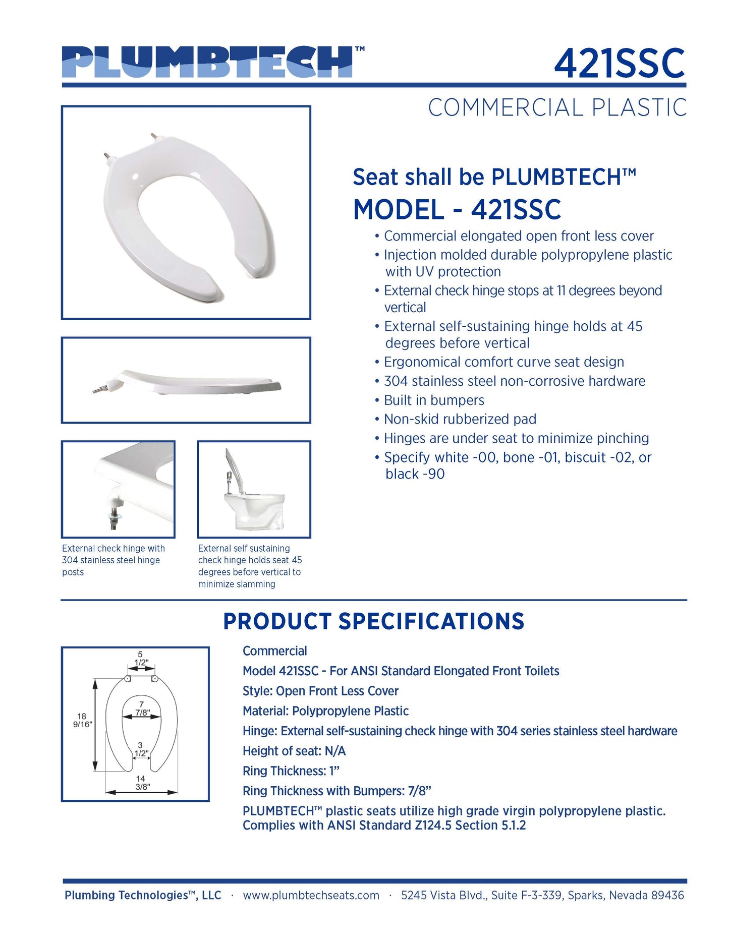 Heavy Duty Commercial Plastic - Elongated Model 421SSC-00AM Open Front Less Cover with Antimicrobial Seat