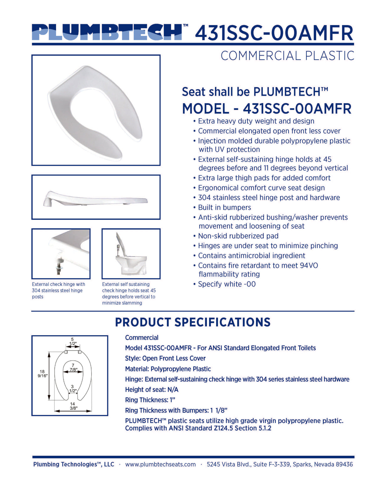 431SSC-AMFR  Crtn of 5 Seats: Heavy Duty Commercial Plastic - Elongated Open Front Less Cover with Antimicrobial & Fire Retardant