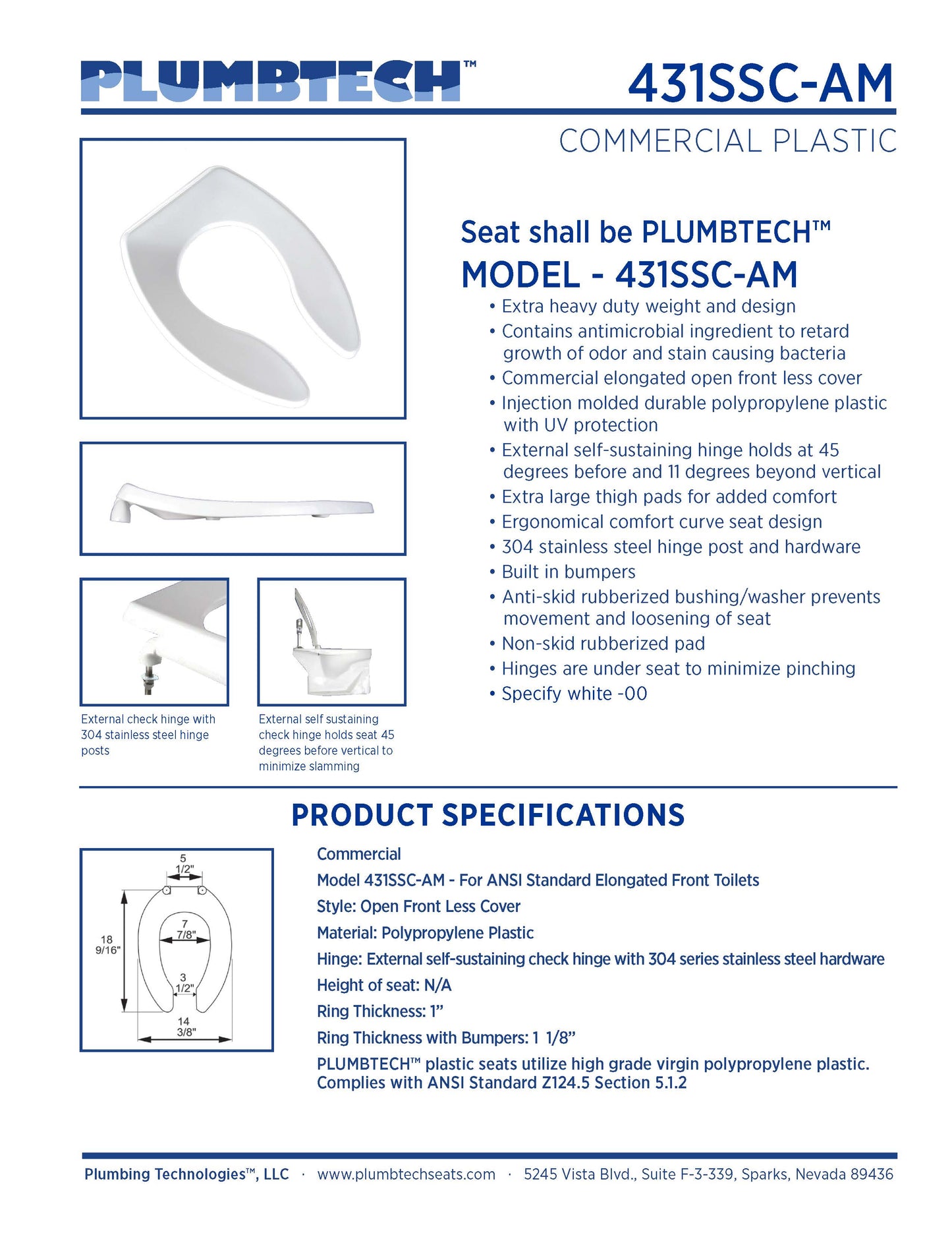 Extra Heavy Duty Commercial Plastic - Elongated Model 431SSC-00AM Open Front Less Cover with Antimicrobial