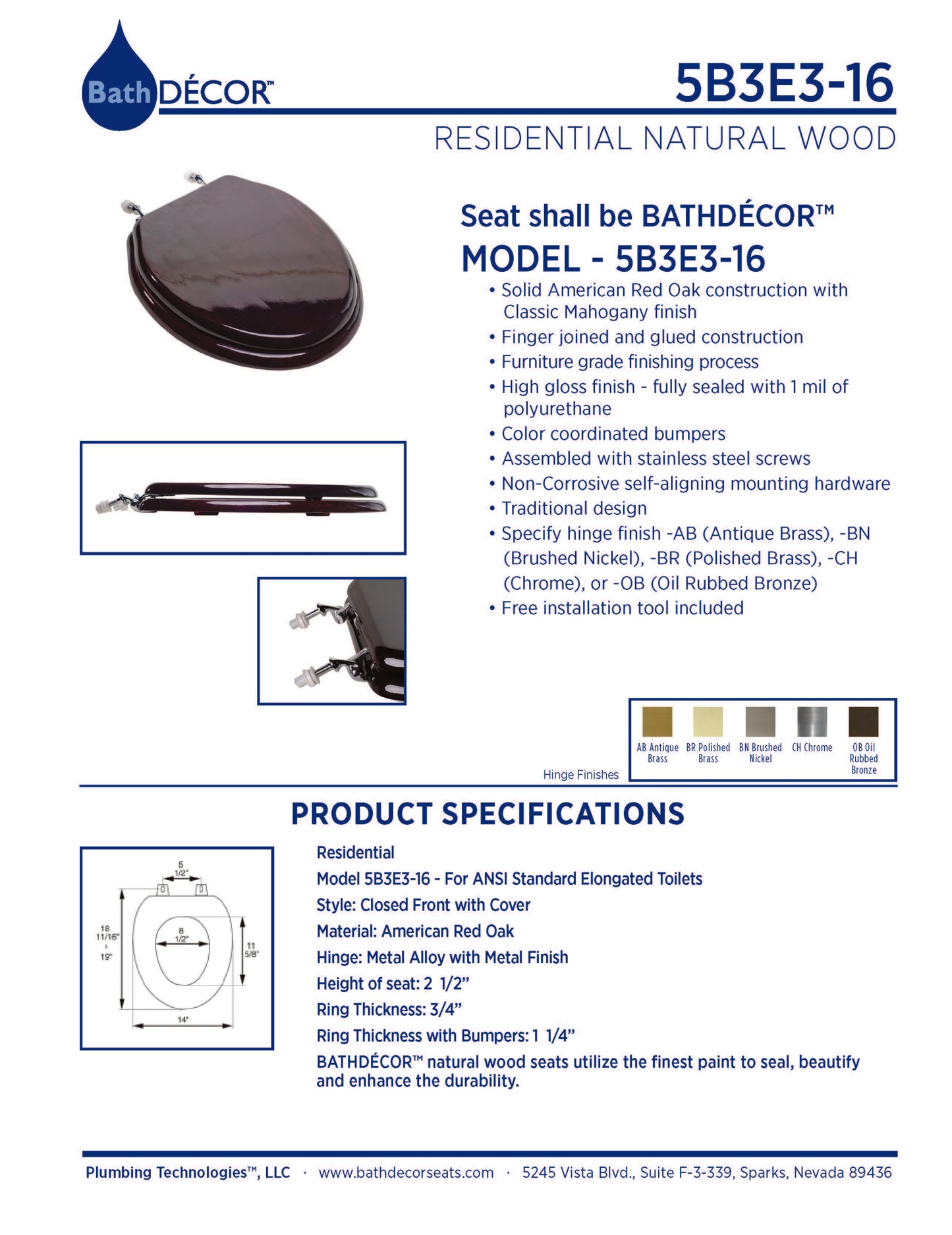 Natural Wood - Elongated Designer Classic Mahogany Finish 5B3E3-16OB with Oil Rubbed Bronze Metal Hinge