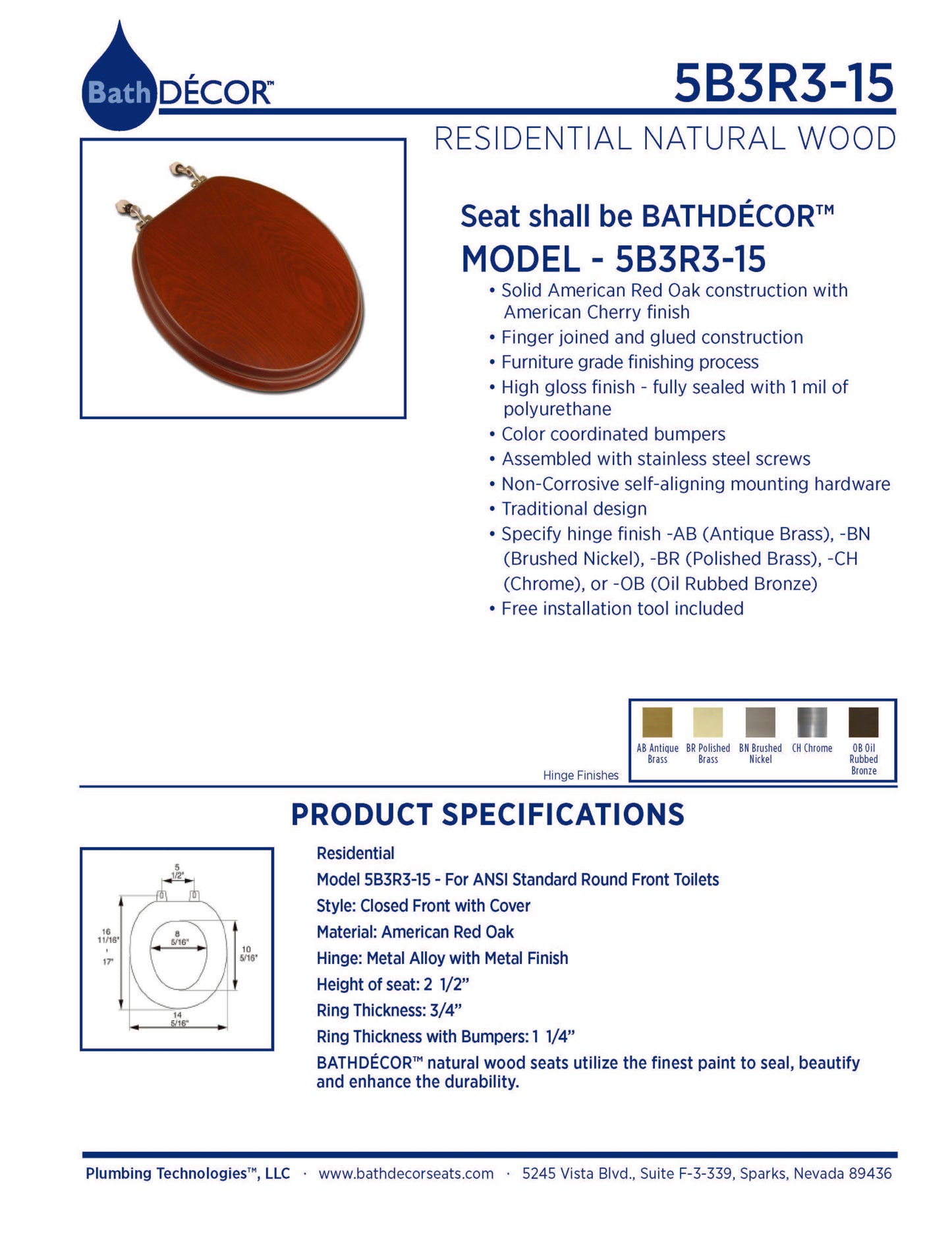 Natural Wood - Round Designer Cherry Finish 5B3R3-15CH with Chrome Metal Hinge
