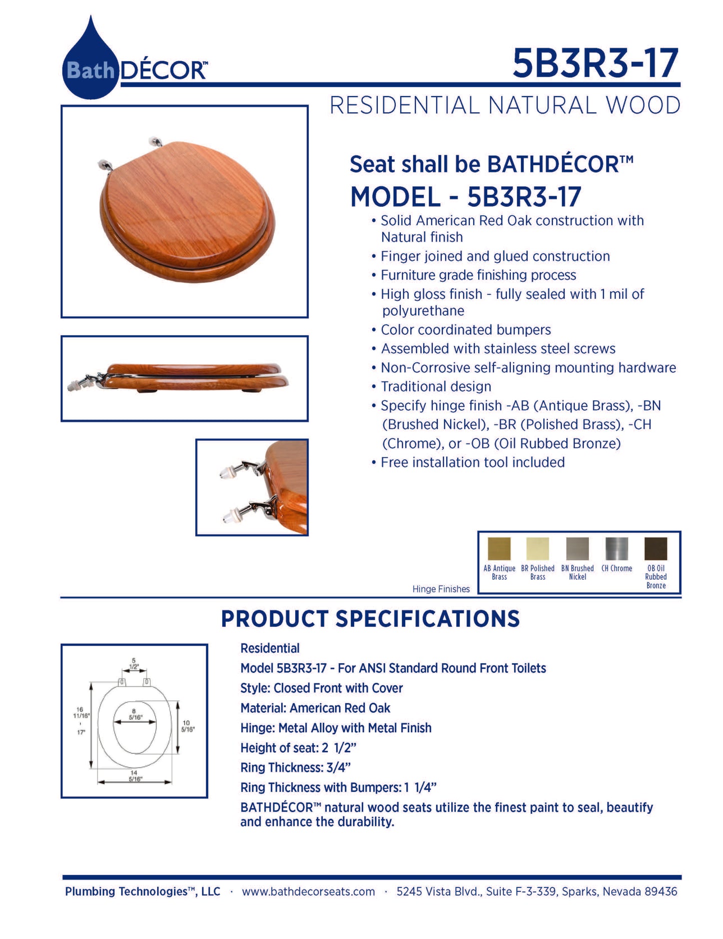 Natural Wood - Round Designer Oak Finish 5B3R3-17AB with Antique Brass Metal Hinge - Carton of 4 Seats