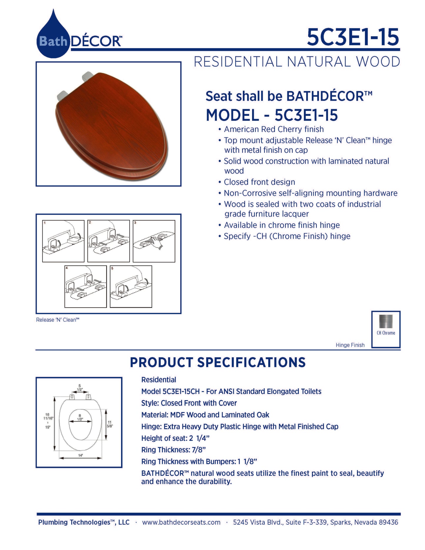 Natural Wood - Elongated Decorative American Red Cherry Finish 5C3E1-15CH with Chrome Release'n'Clean Hinge - Carton of 3 Seats