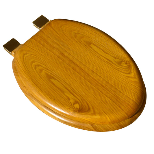 5C3E1-17BR Crtn of 3 Seats: Natural Wood - Elongated Decorative Light Oak Finish with Polish Brass Release'n'Clean Hinge