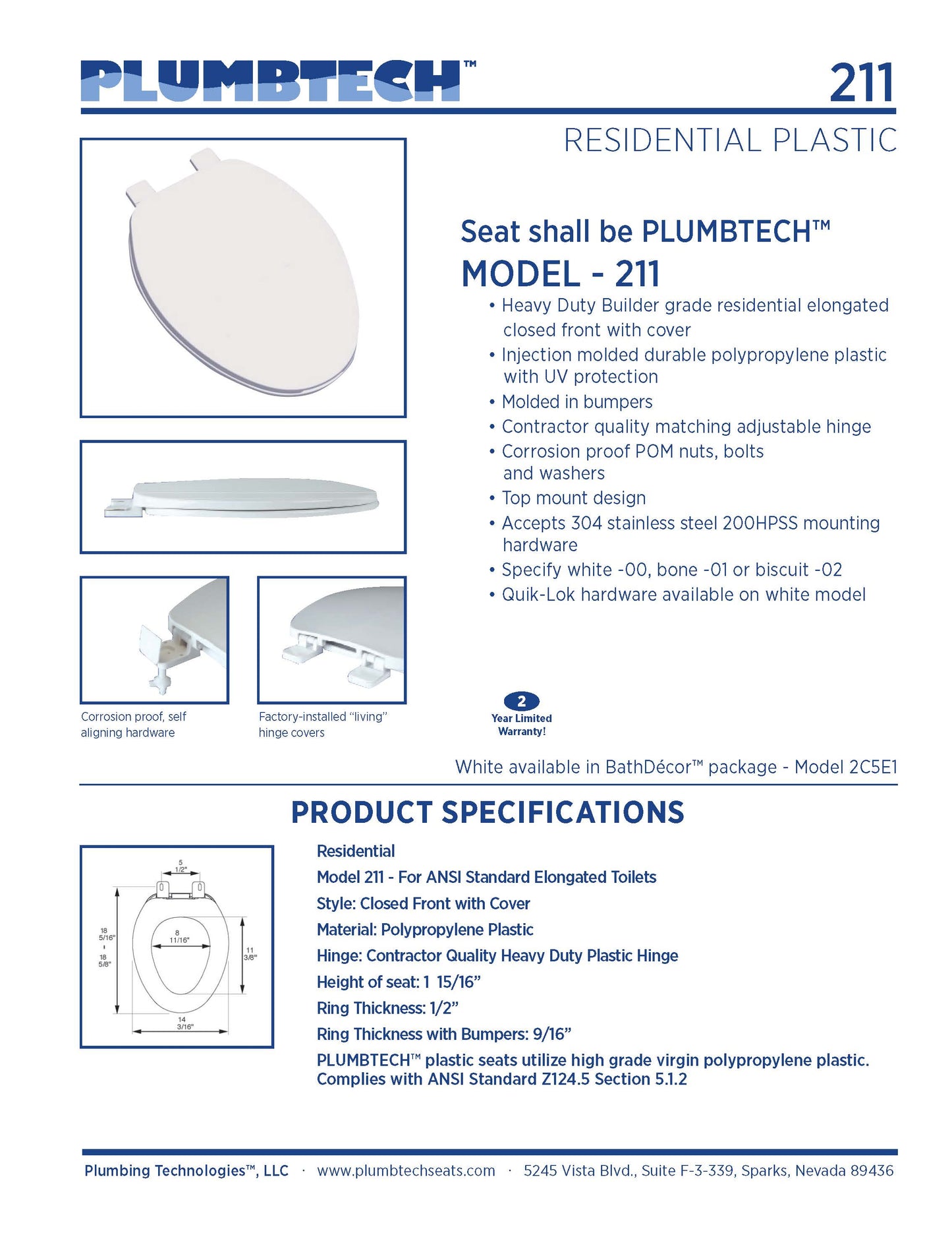 Plastic - Elongated Model 211-00 Residential Builder Grade Plastic Closed Front with Cover Seat