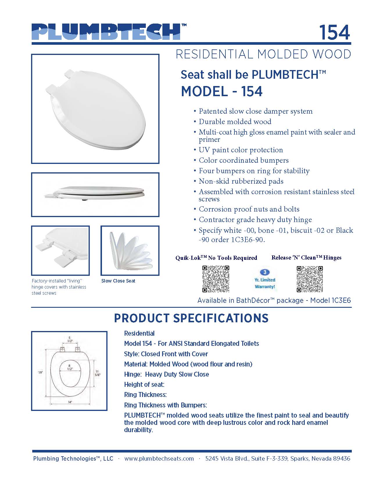 Wood - Elongated Model 154-01 Residential Slow Close Premium Molded Wood Seat - Carton of 5 Seats