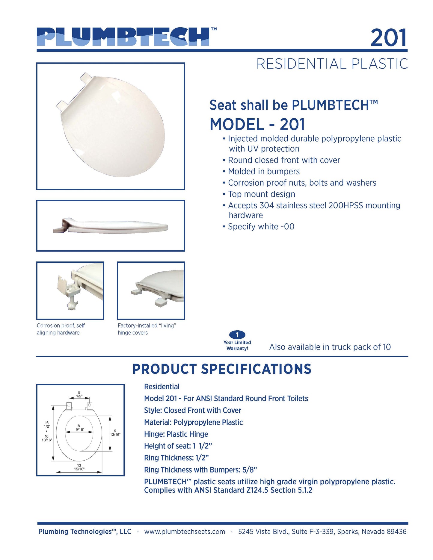 Plastic - Round Model 201-00 Residential Standard Plastic Closed Front with Cover Seat