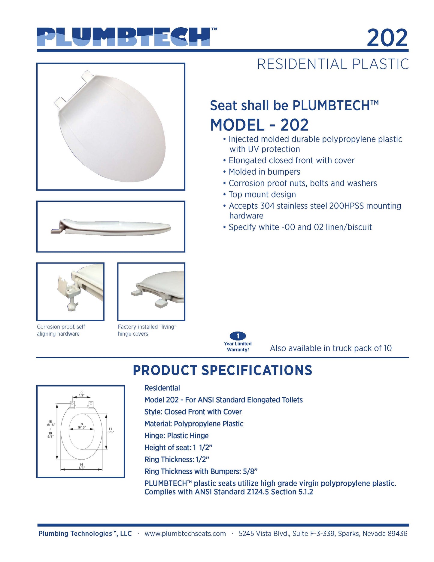Plastic - Elongated Model 202-00 Residential Standard Plastic Closed Front with Cover Seat