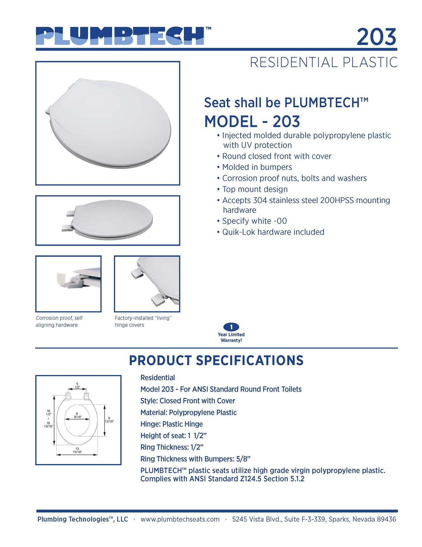 Plastic - Round Model 203-00 Residential MRO Grade Plastic Closed Front with Cover