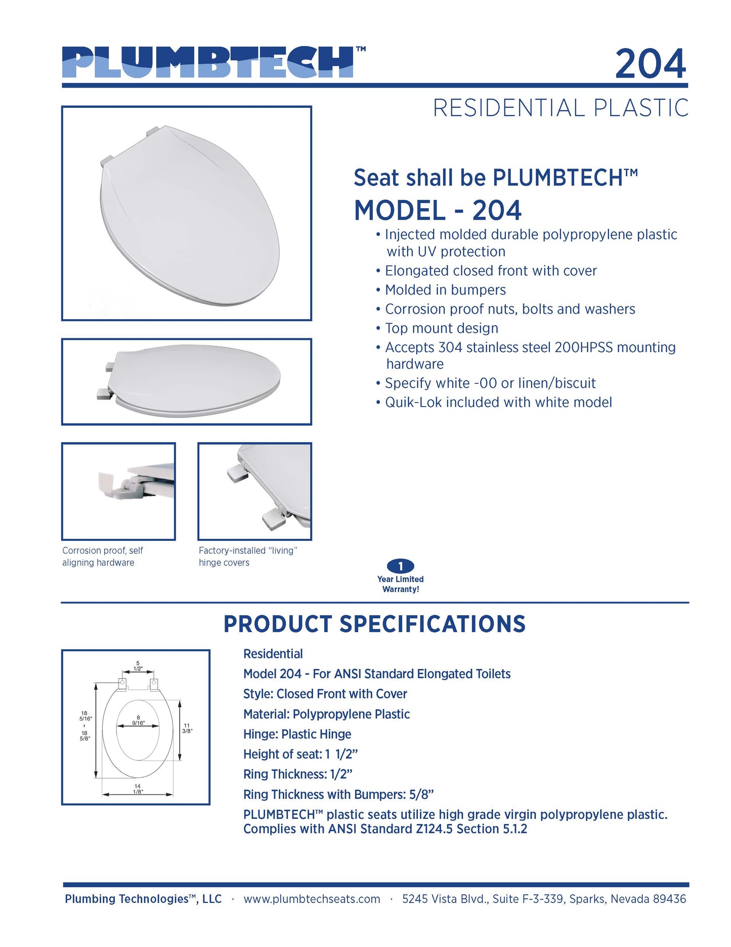 Plastic - Elongated Model 204-00 Residential MRO Grade Plastic Seat Closed Front with Cover