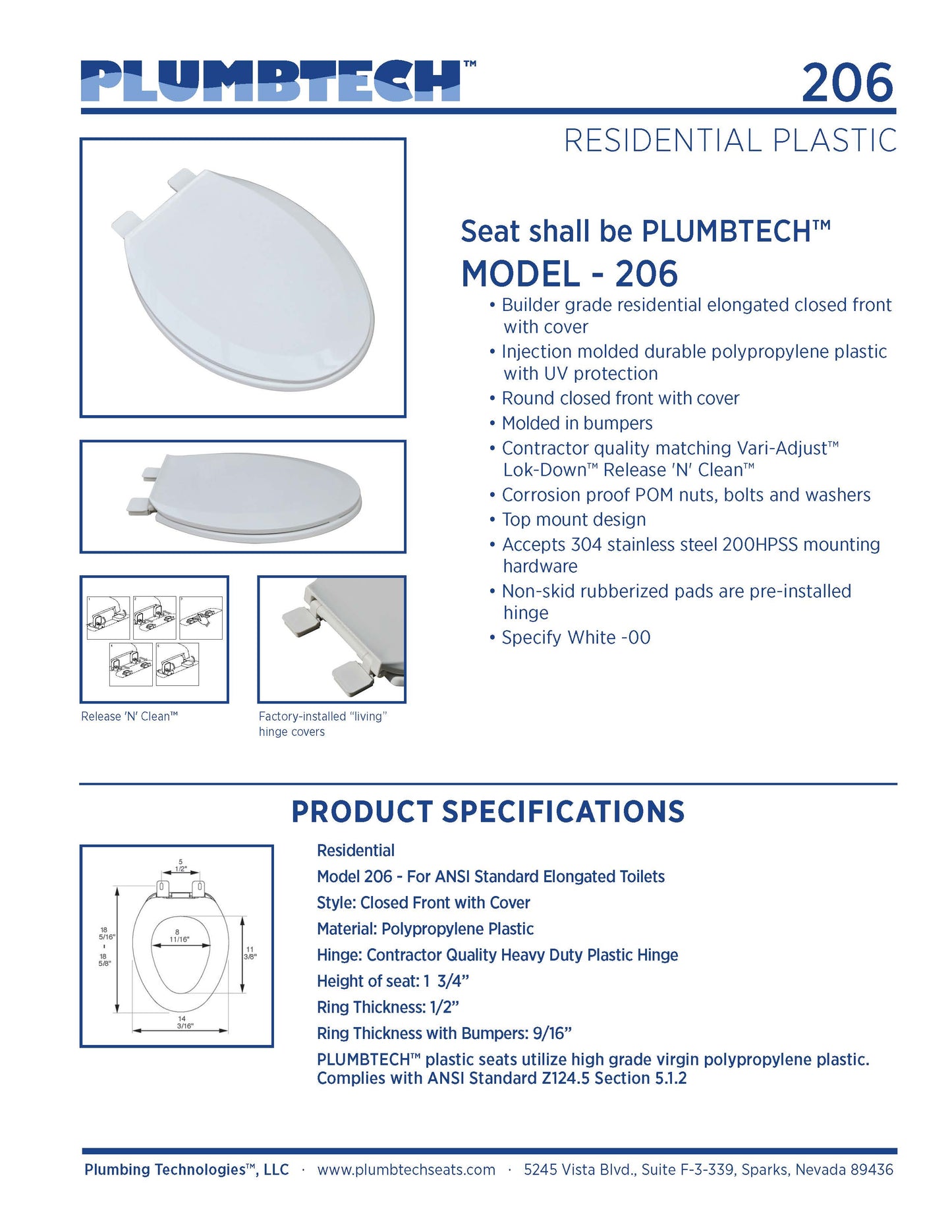 Plastic - Elongated Model 206-00 Residential Closed Front with Cover Seat