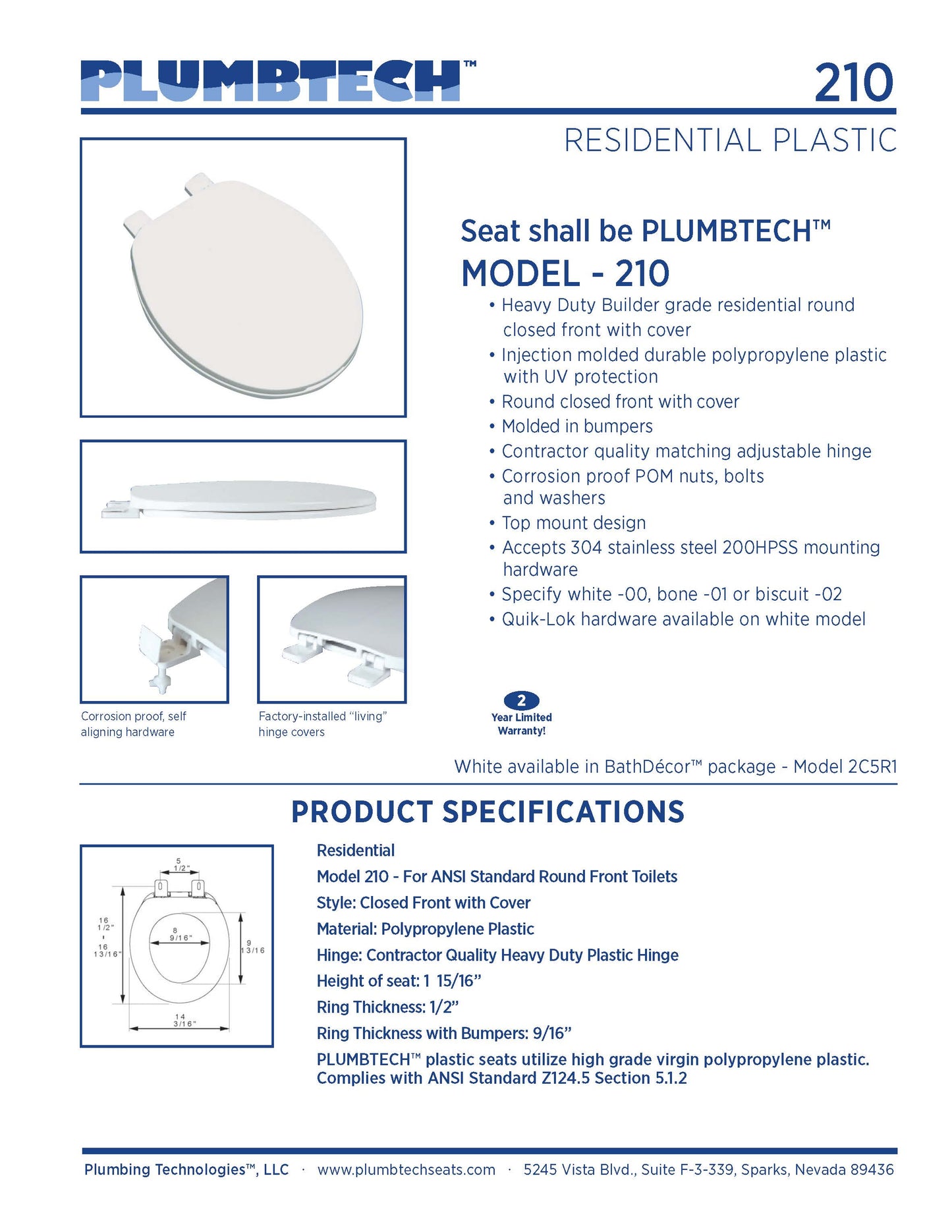 Plastic - Round Model 210-00 Residential Builder Grade Plastic with Closed Front Cover Seat