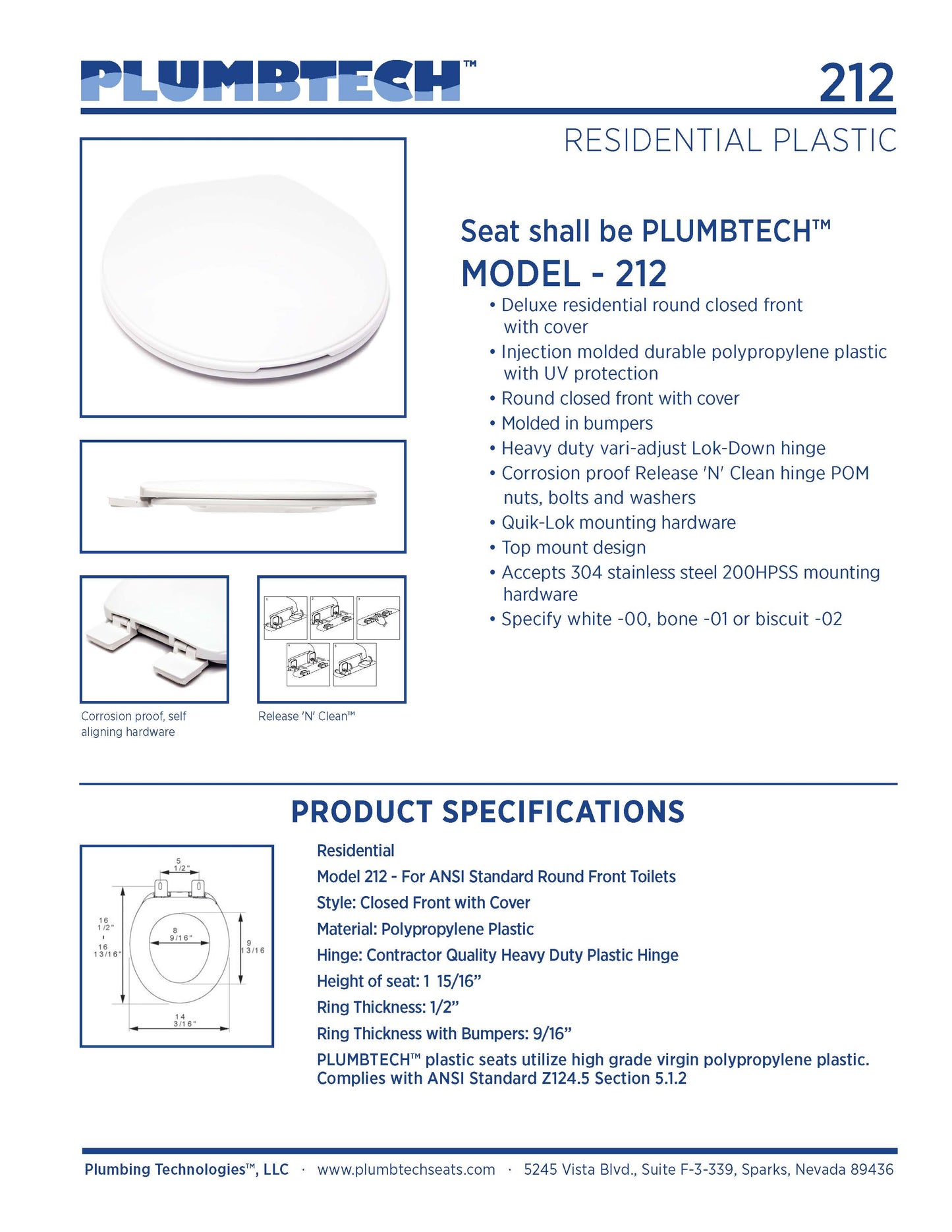 Plastic - Round Model 212-00 Residential Deluxe Closed front with Cover Seat