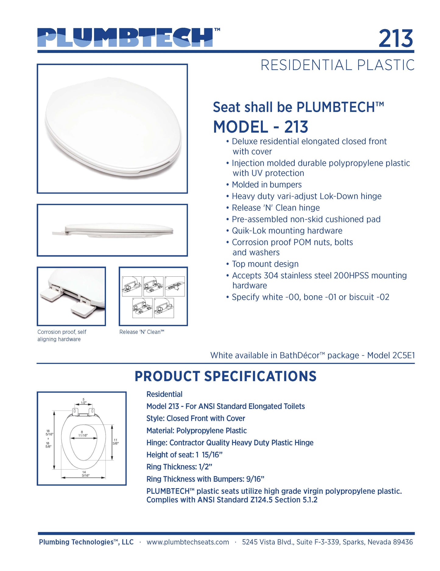 Plastic - Elongated Model 213-00 Residential Closed front with Cover Seat