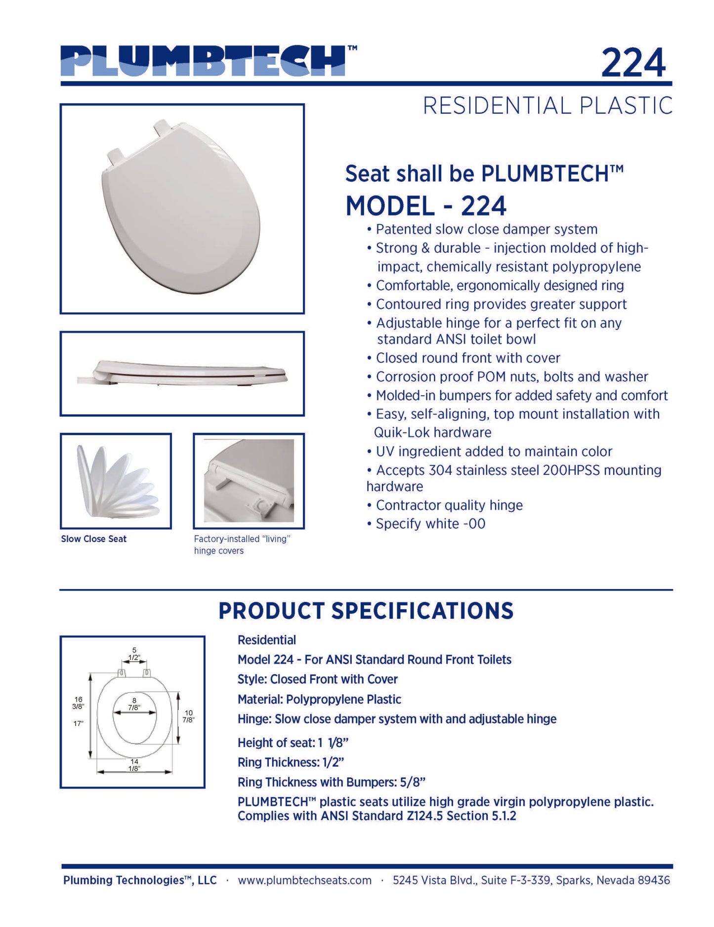 Plastic - Round Model 224-00 Slow Close closed front with cover - Carton of 5 Seats