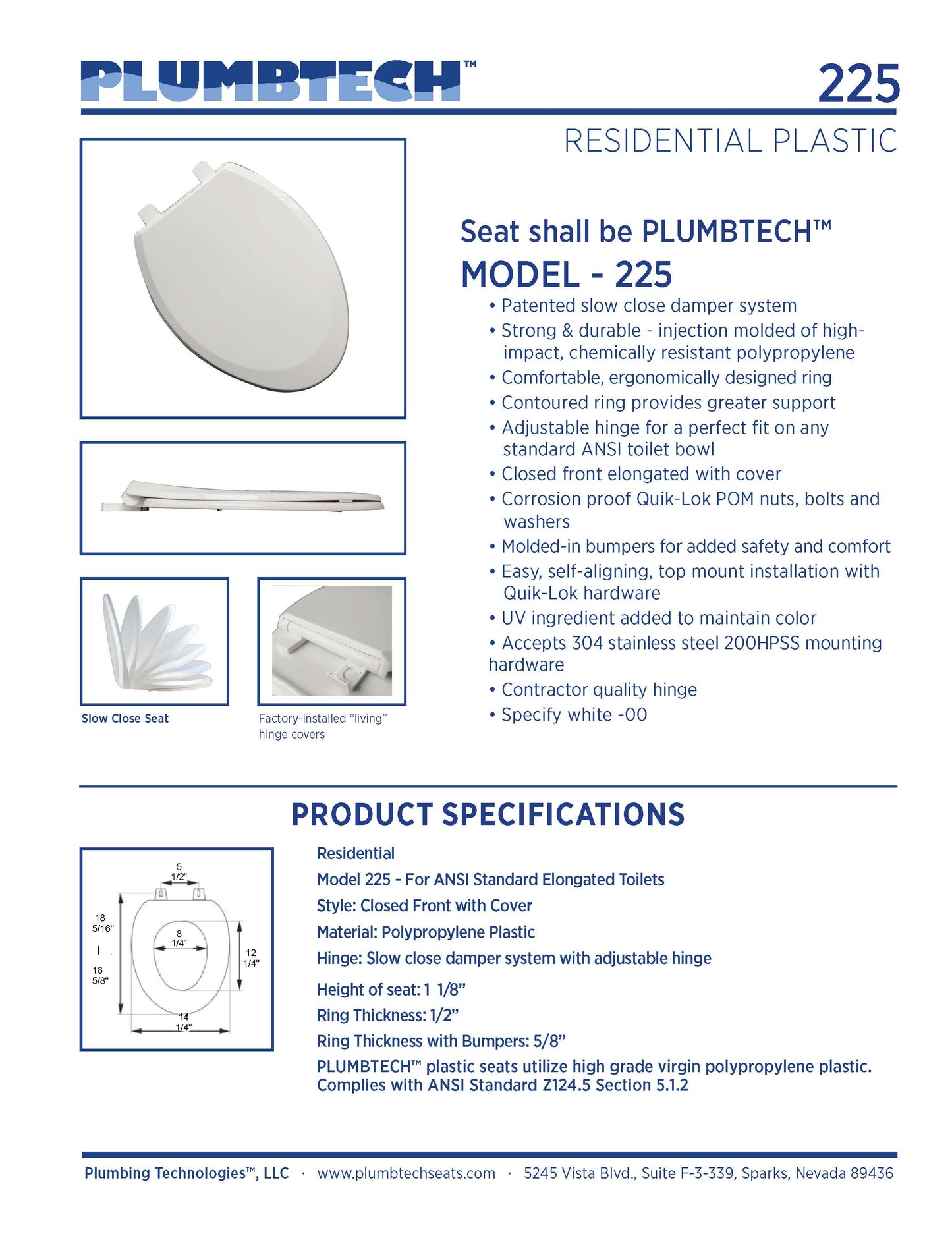 Plastic - Elongated Model 225-00 Slow Close closed front with cover - Carton of 5 seats