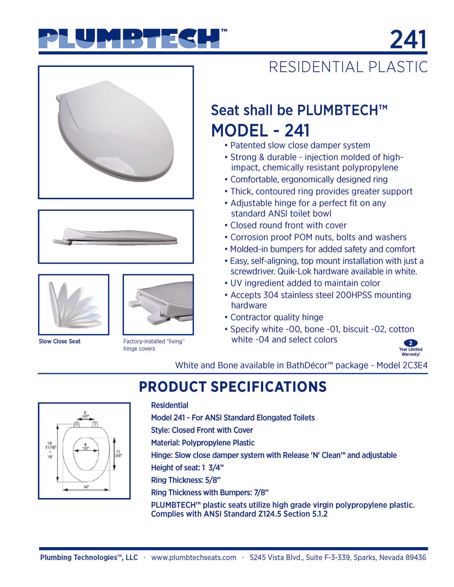 Plastic - Elongated Model 241-00 Deluxe Slow Close closed front with cover
