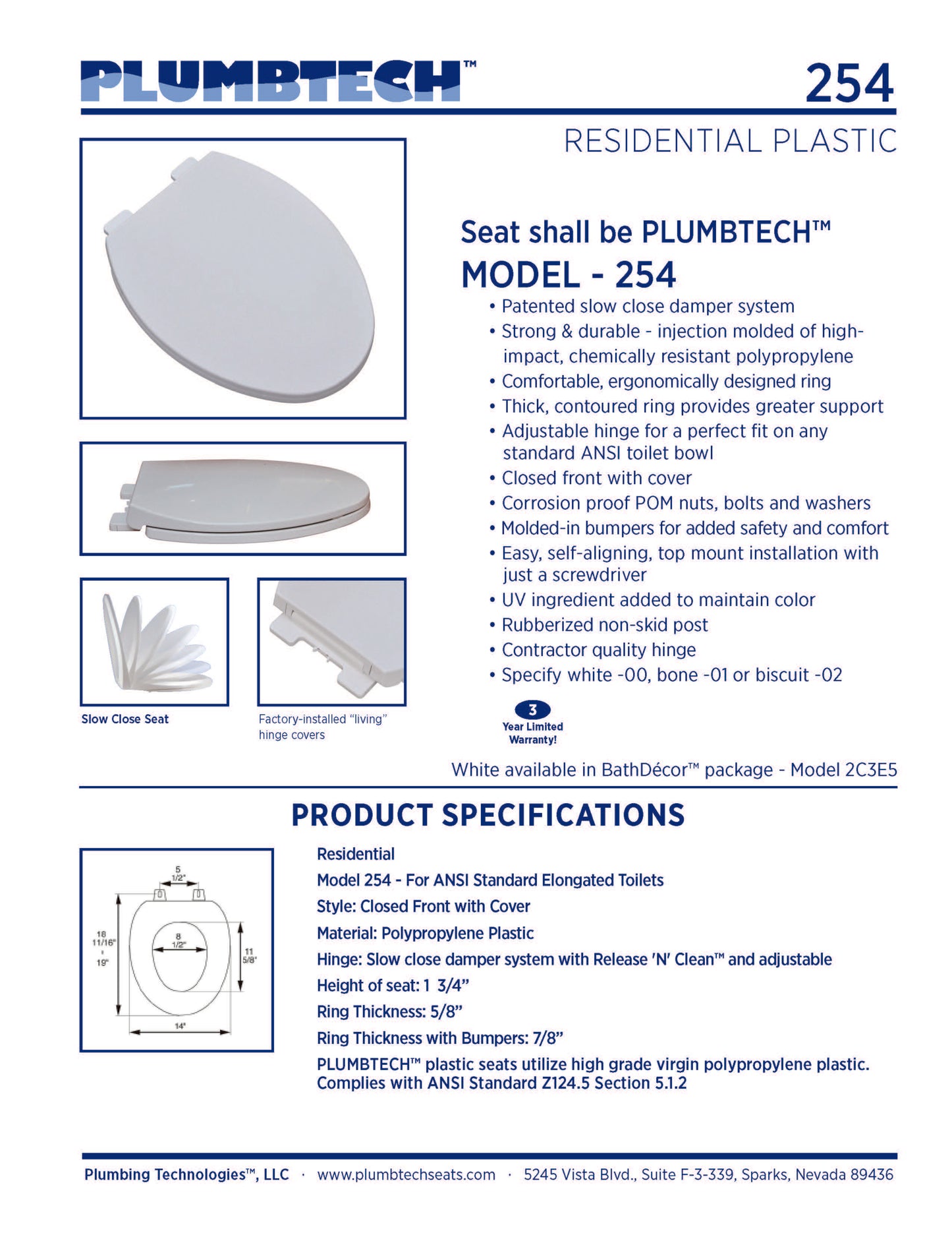 Plastic - Elongated Model 254-00 Premium Slow Close closed front with cover