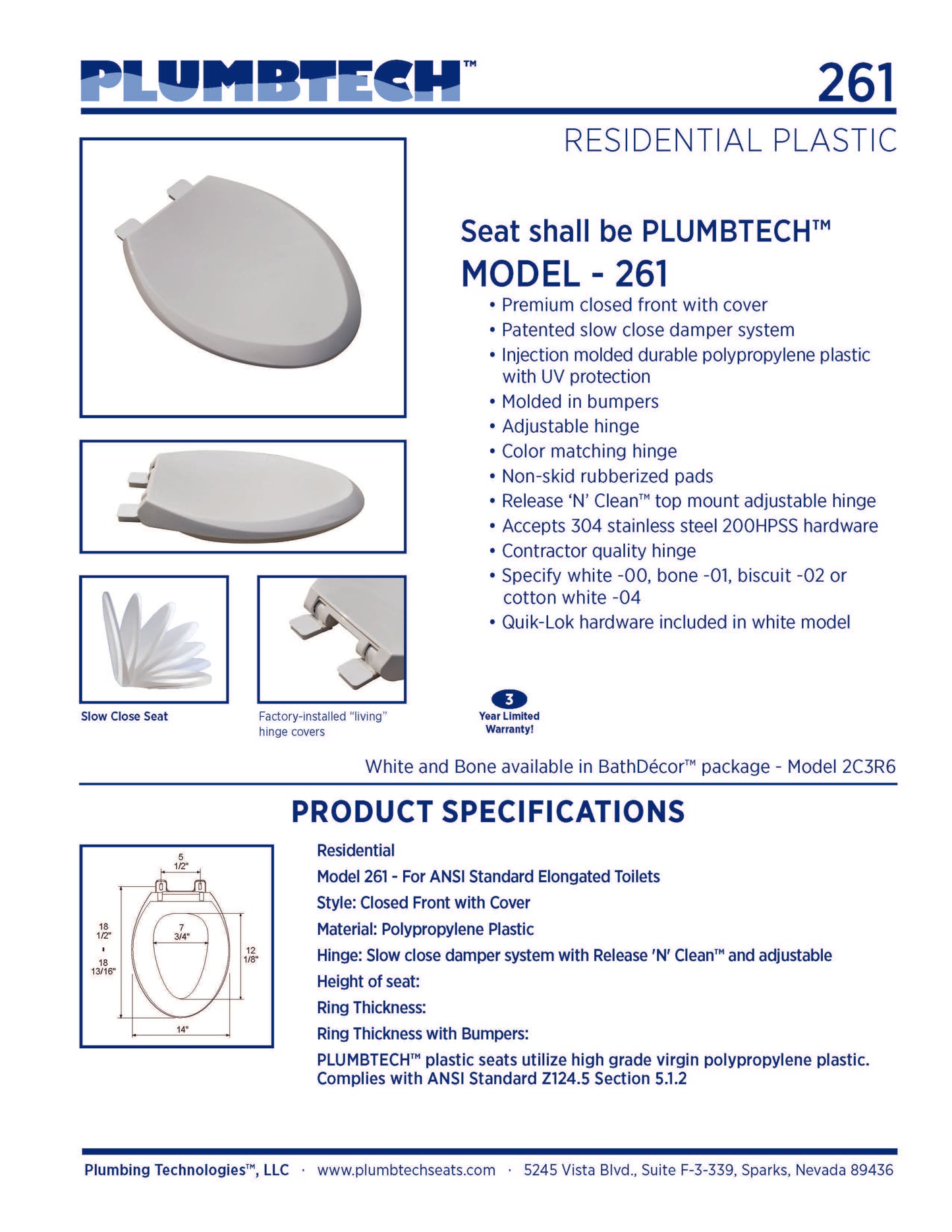 Plastic - Elongated Model 261-00 Premium Slow Close closed front with cover