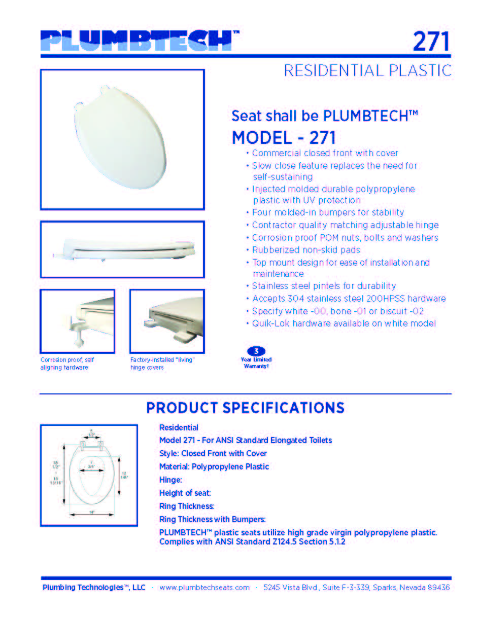 Plastic - Elongated Model 271-00 Premium Slow Close closed front with cover