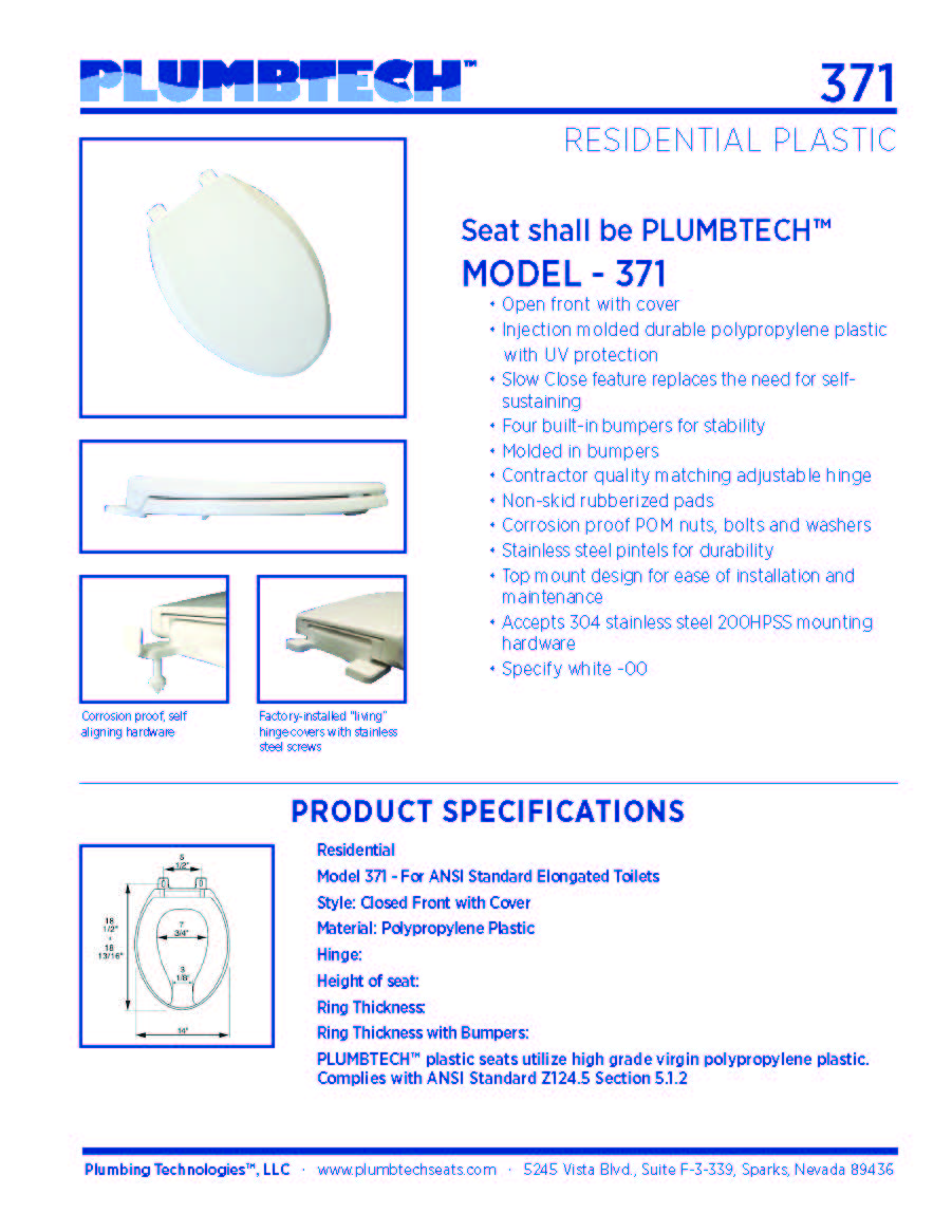 Light Commercial Plastic - Elongated Model 371-00 Slow Close Open Front with Cover Seat