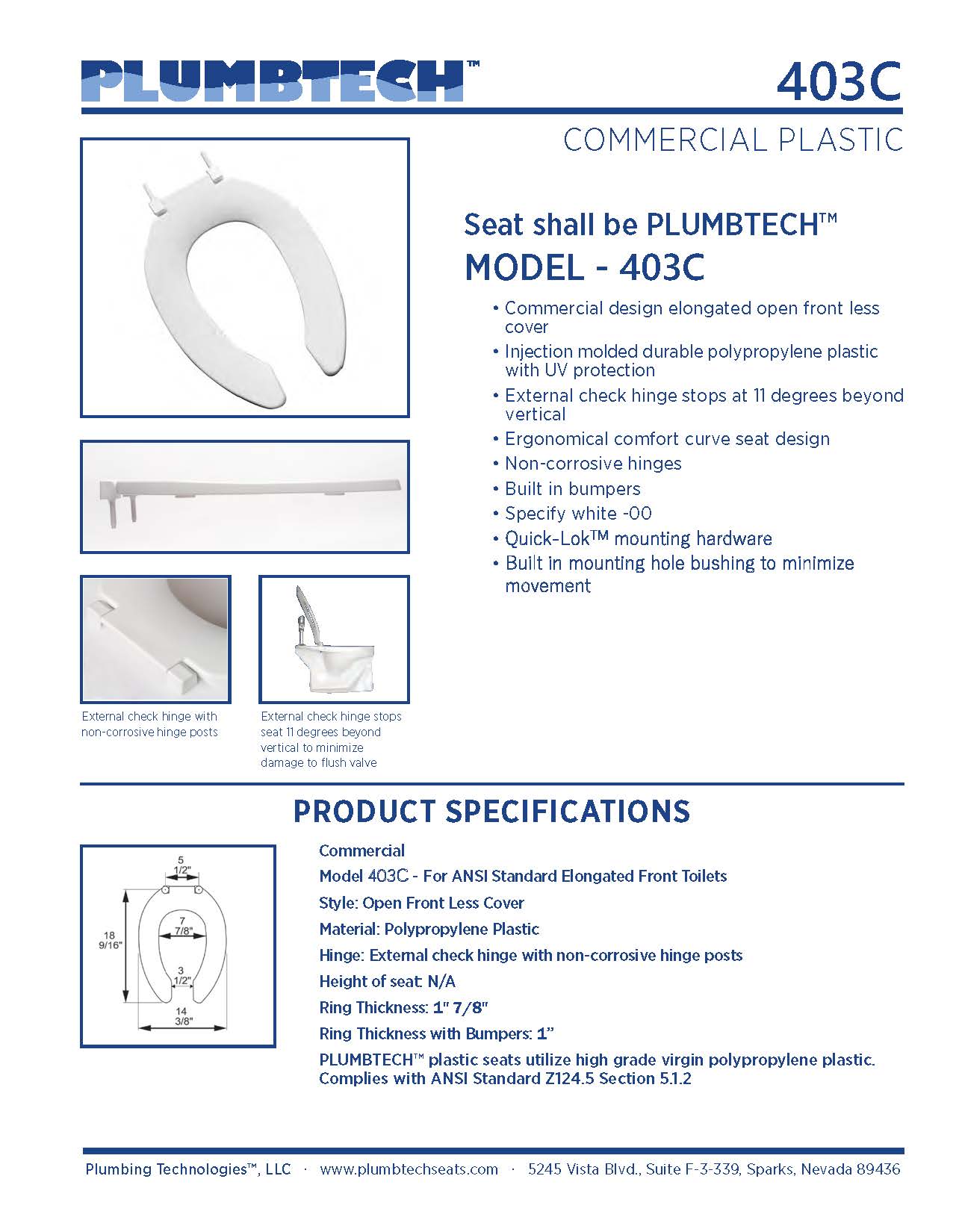 Commercial Plastic - Elongated Model 403C Open Front Less Cover Seat