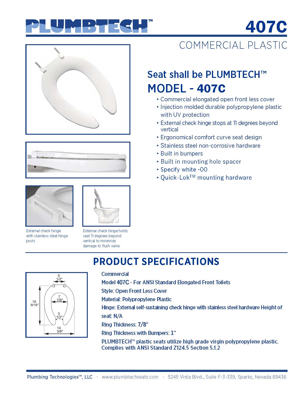 Commercial Plastic - Elongated Model 407C-00 Open Front Less Cover Seat - Carton of 10 Seats