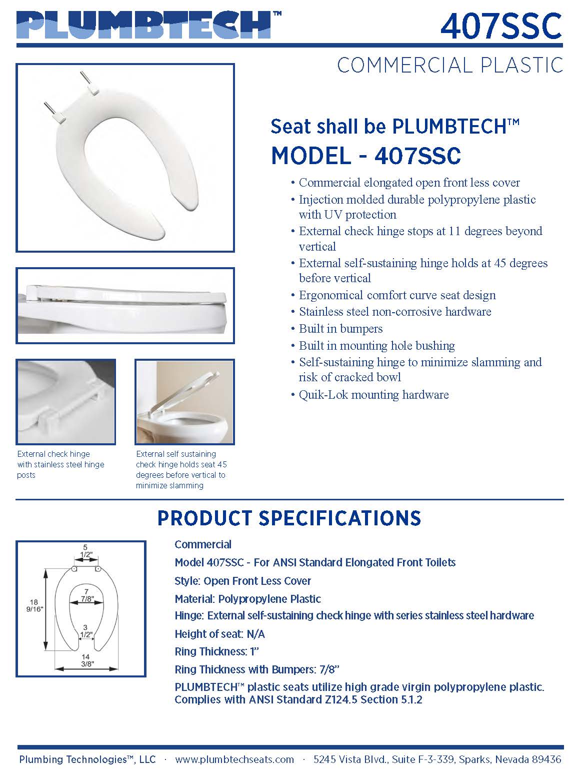 Commercial Plastic - Elongated Model 407SSC Open Front Less Cover Seat - Carton of 10 Seats