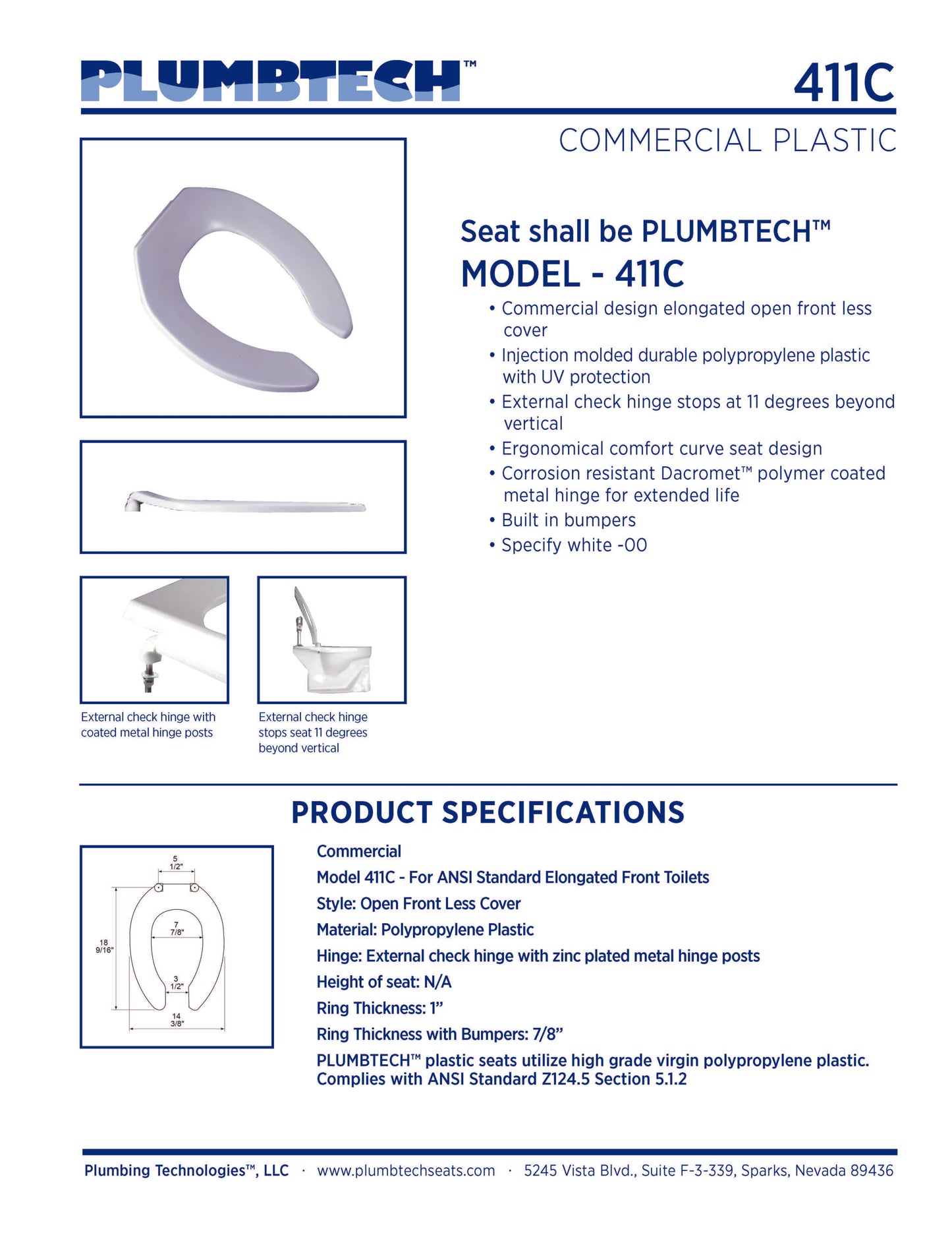 Heavy Duty Commercial Plastic - Elongated Model 411C-00 Open Front Less Cover Seat