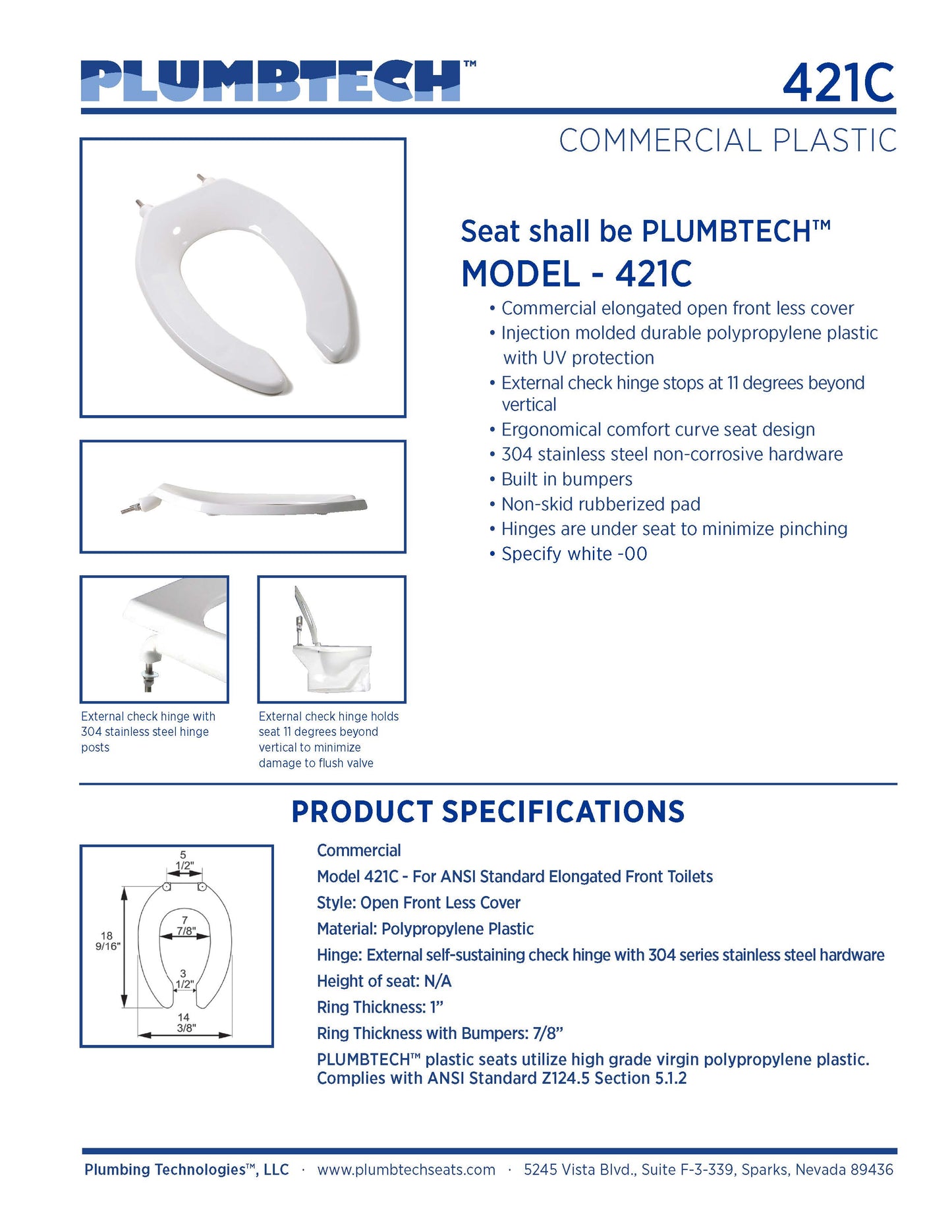 Heavy Duty Commercial Plastic - Elongated Model 421SSC-02 Open Front Less Cover Seat with Fire Retardant