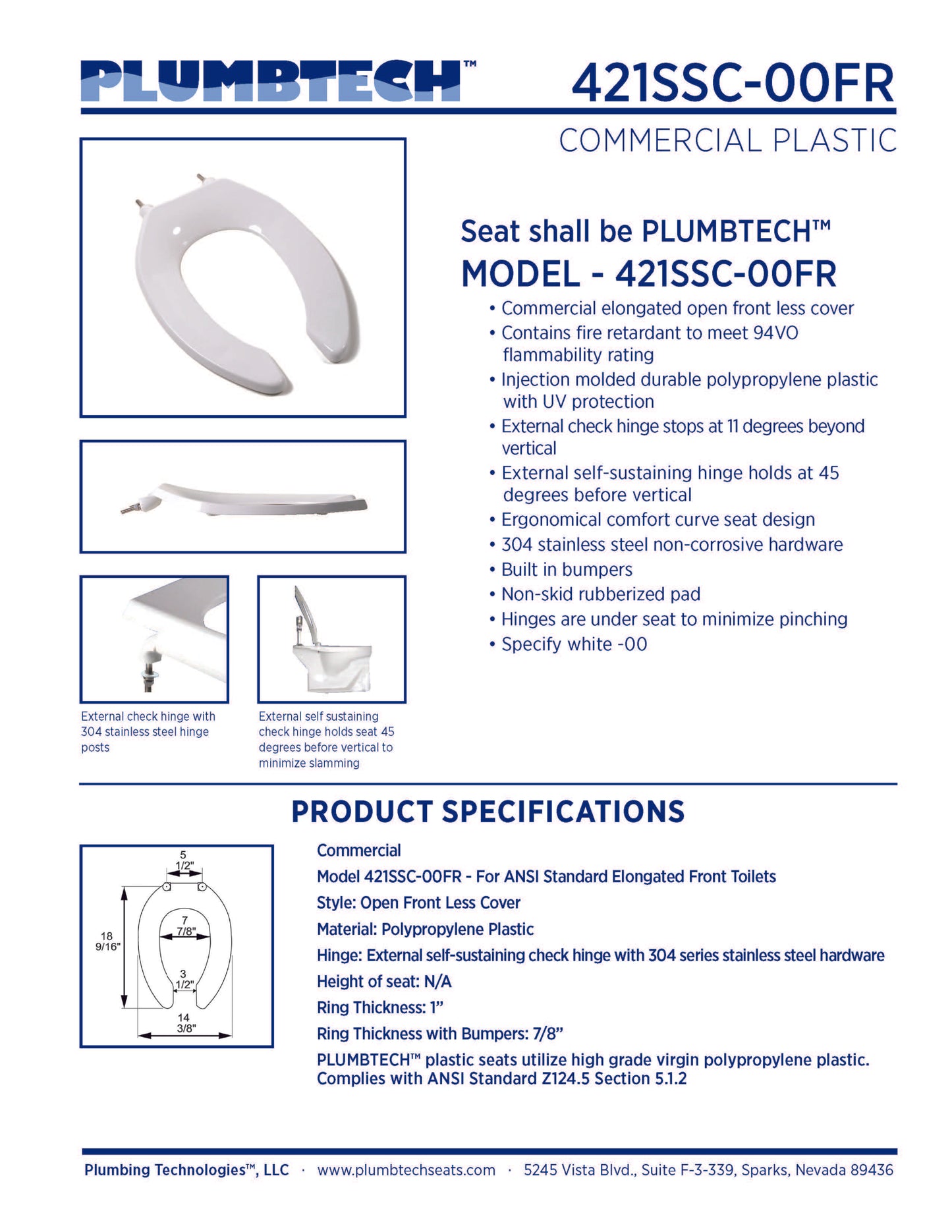 Heavy Duty Commercial - Elongated Model 421SSC-00FR Open Front Less Cover Seat