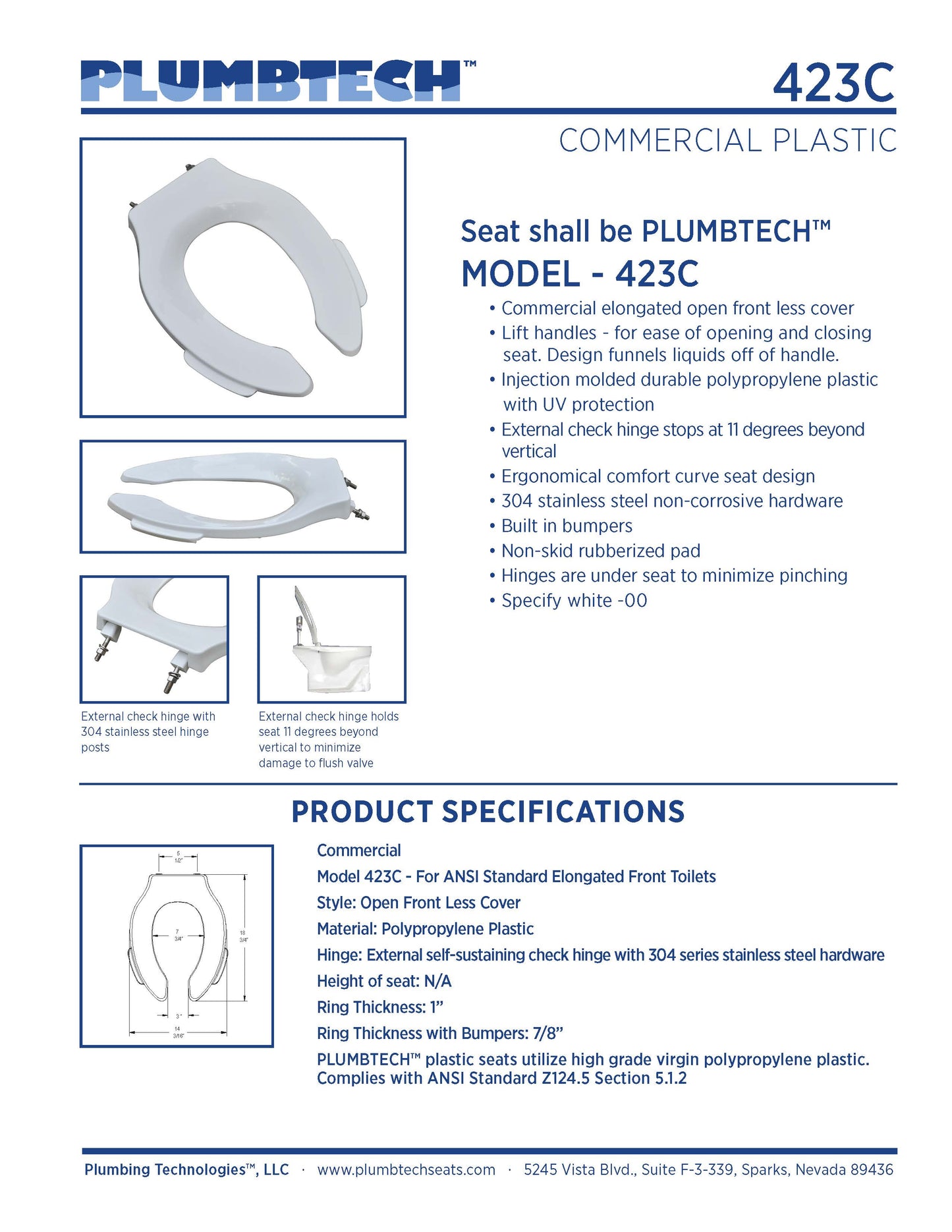 Heavy Duty Commercial Plastic - Elongated Model 423C-00 Open Front Less Cover with Lift Handles Seat