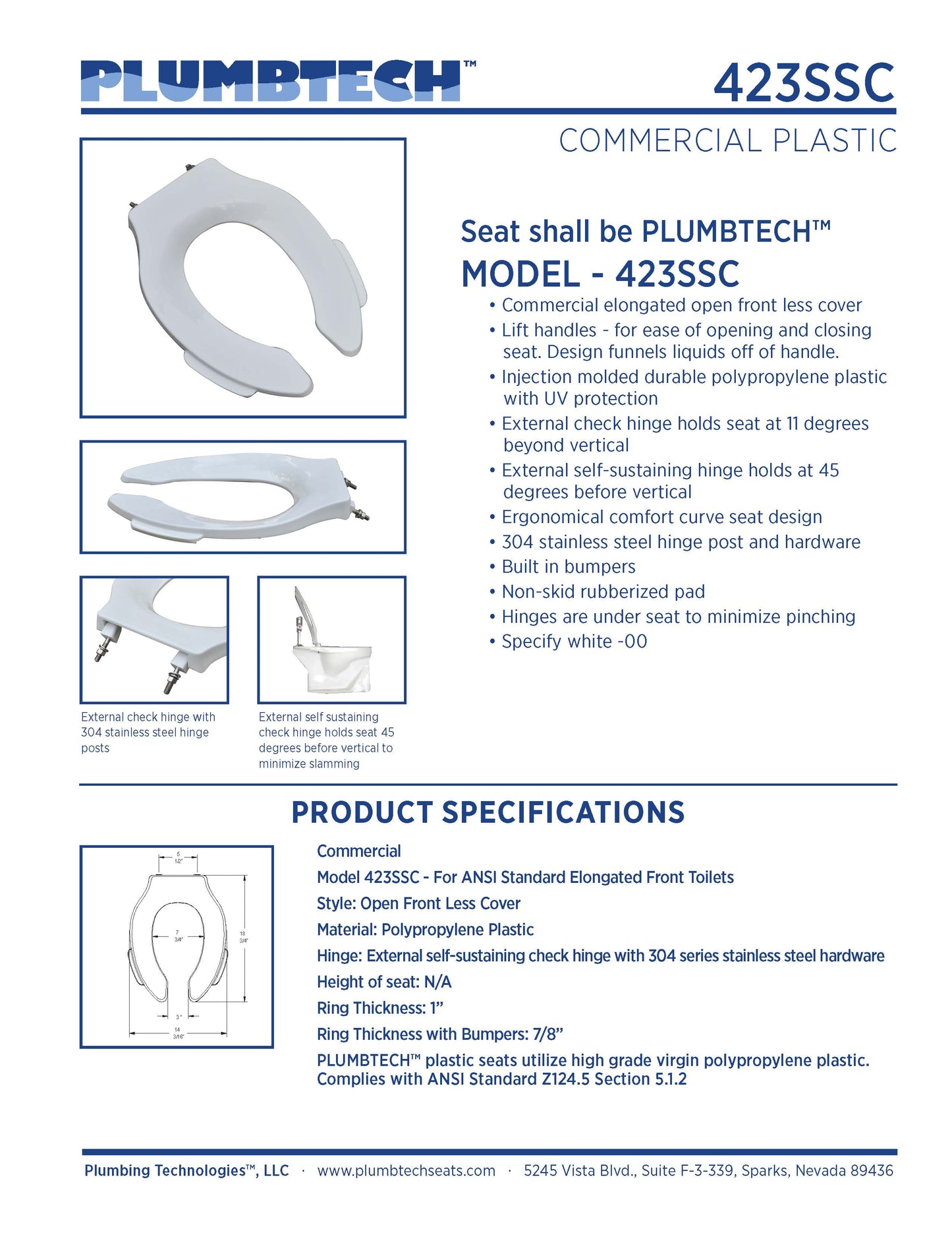Heavy Duty Commercial Plastic - Elongated Model 423SSC-00 Open Front Less Cover with Lift Handles Seat - Carton of 5 Seats