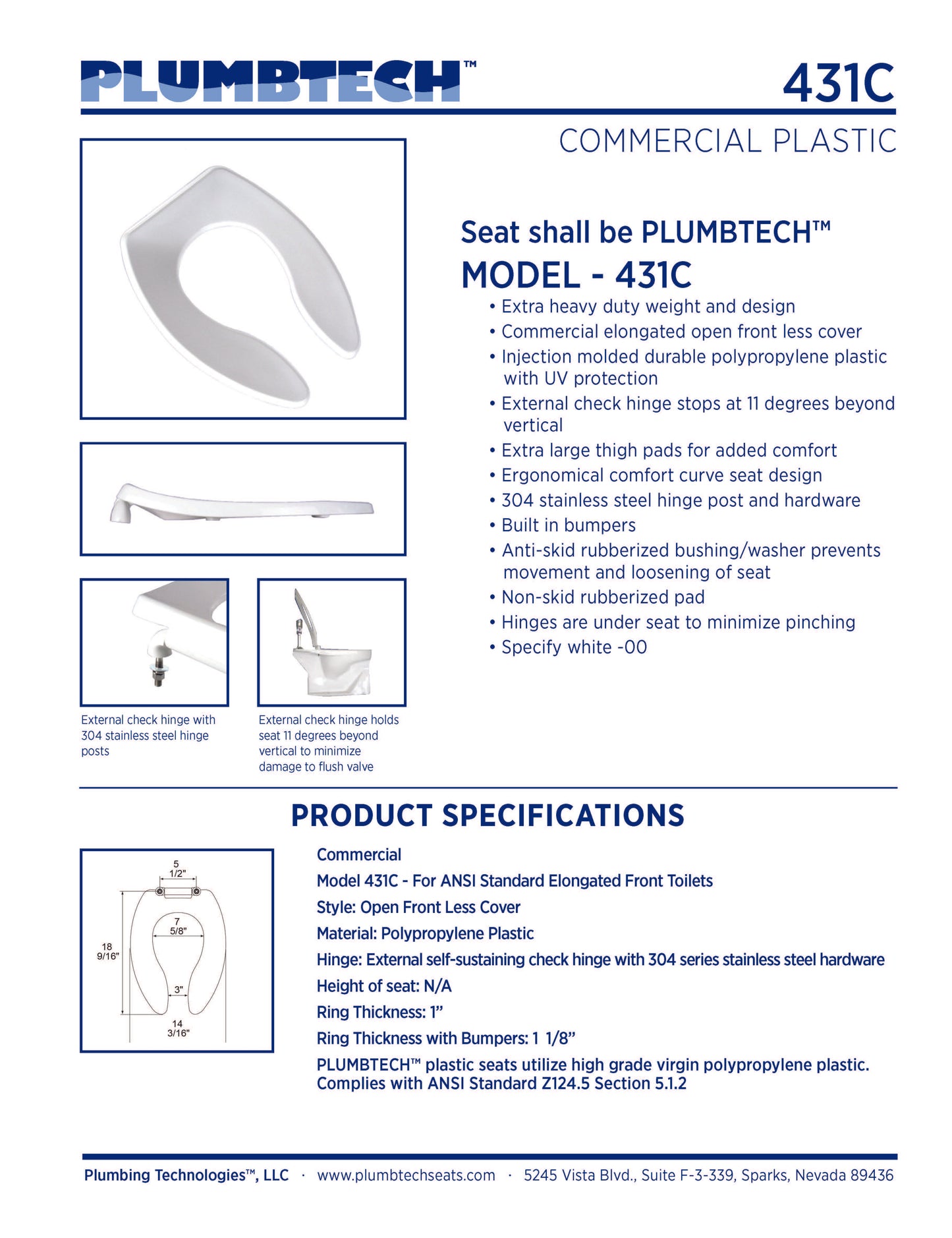 Extra Heavy Duty Commercial Plastic - Elongated Model 431C-00 Open Front with Cover Seat