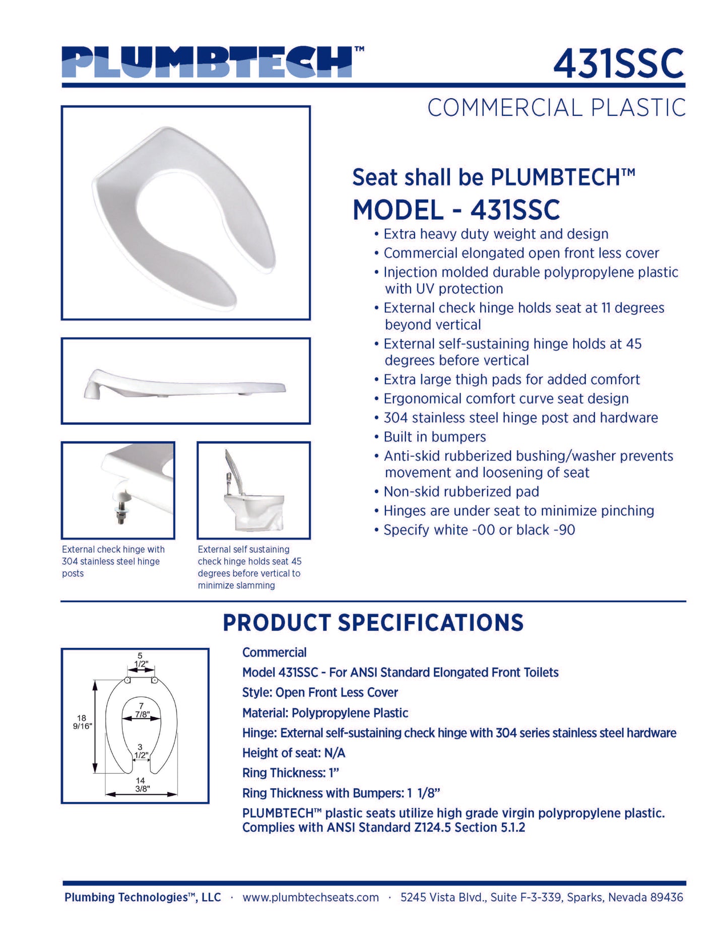 Extra Heavy Duty Commercial Plastic - Elongated Model 431SSC-00 Open Front Less Cover Seat
