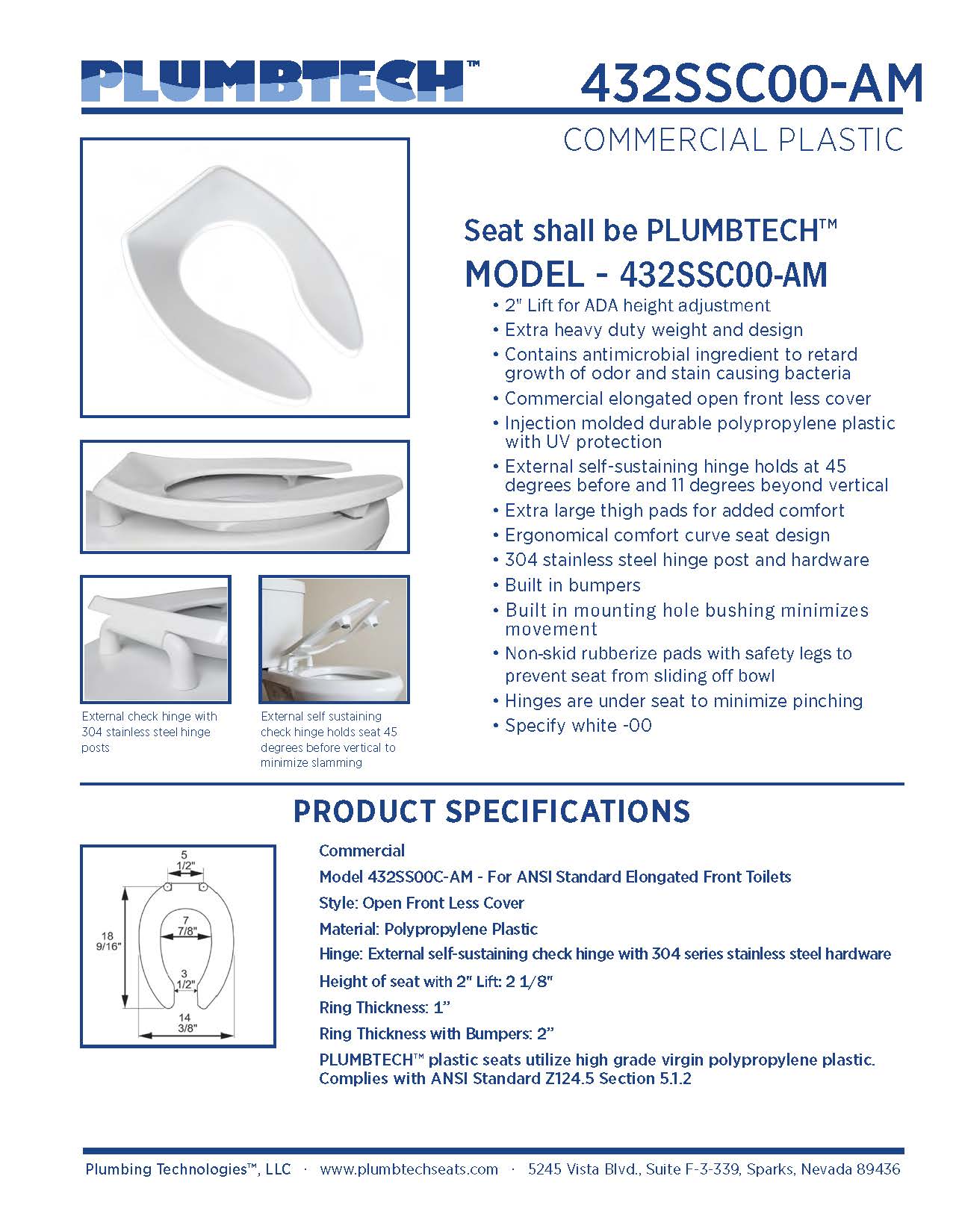 Heavy Duty Commercial Plastic - Elongated Extra Heavy Duty Model 432SSC-00-AM Open Front with Cover and 2" Lifts