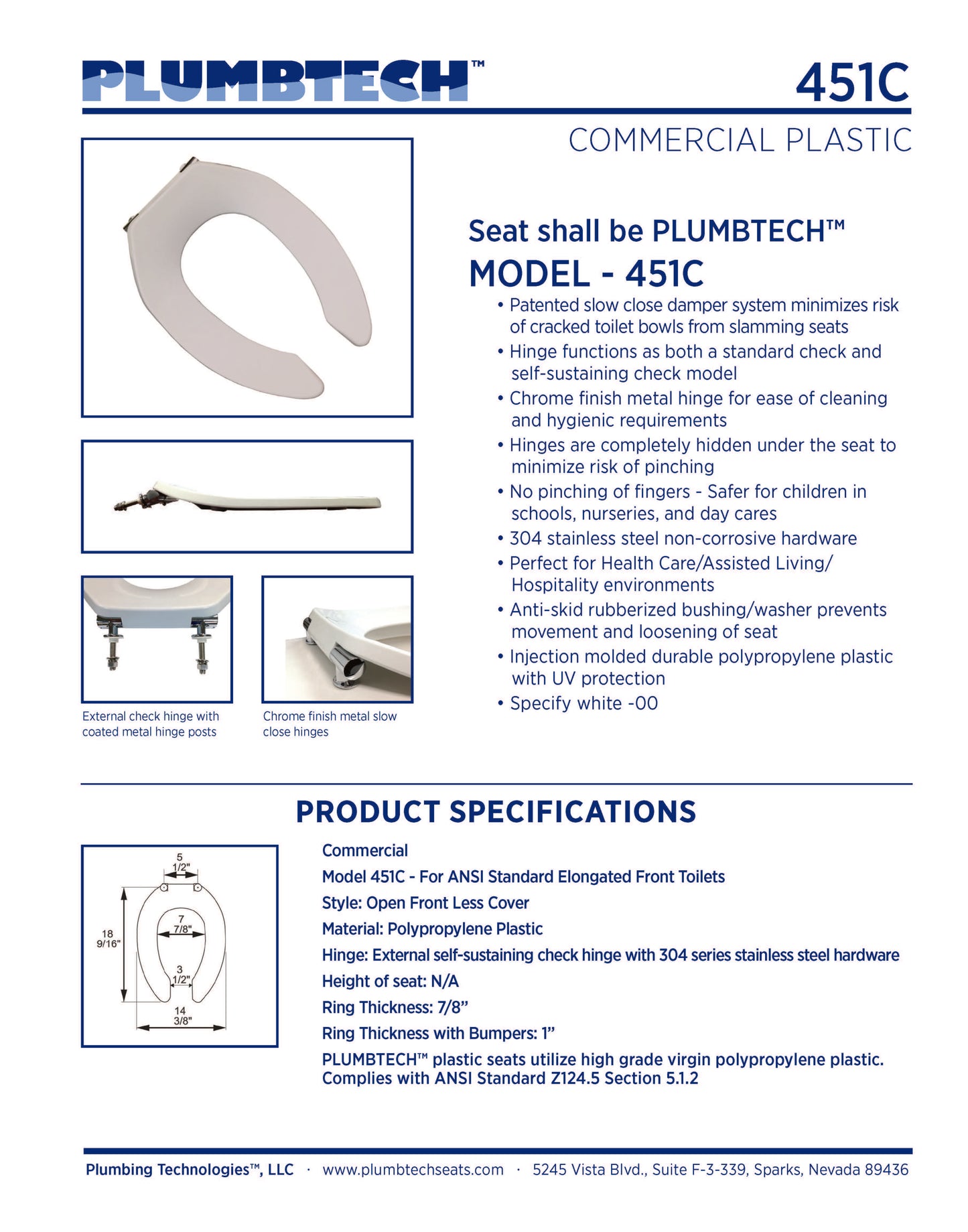 Commercial Plastic Seats - Model 451C-00 Elongated Slow Close Heavy Duty Open Front Less Cover Model 451C-00